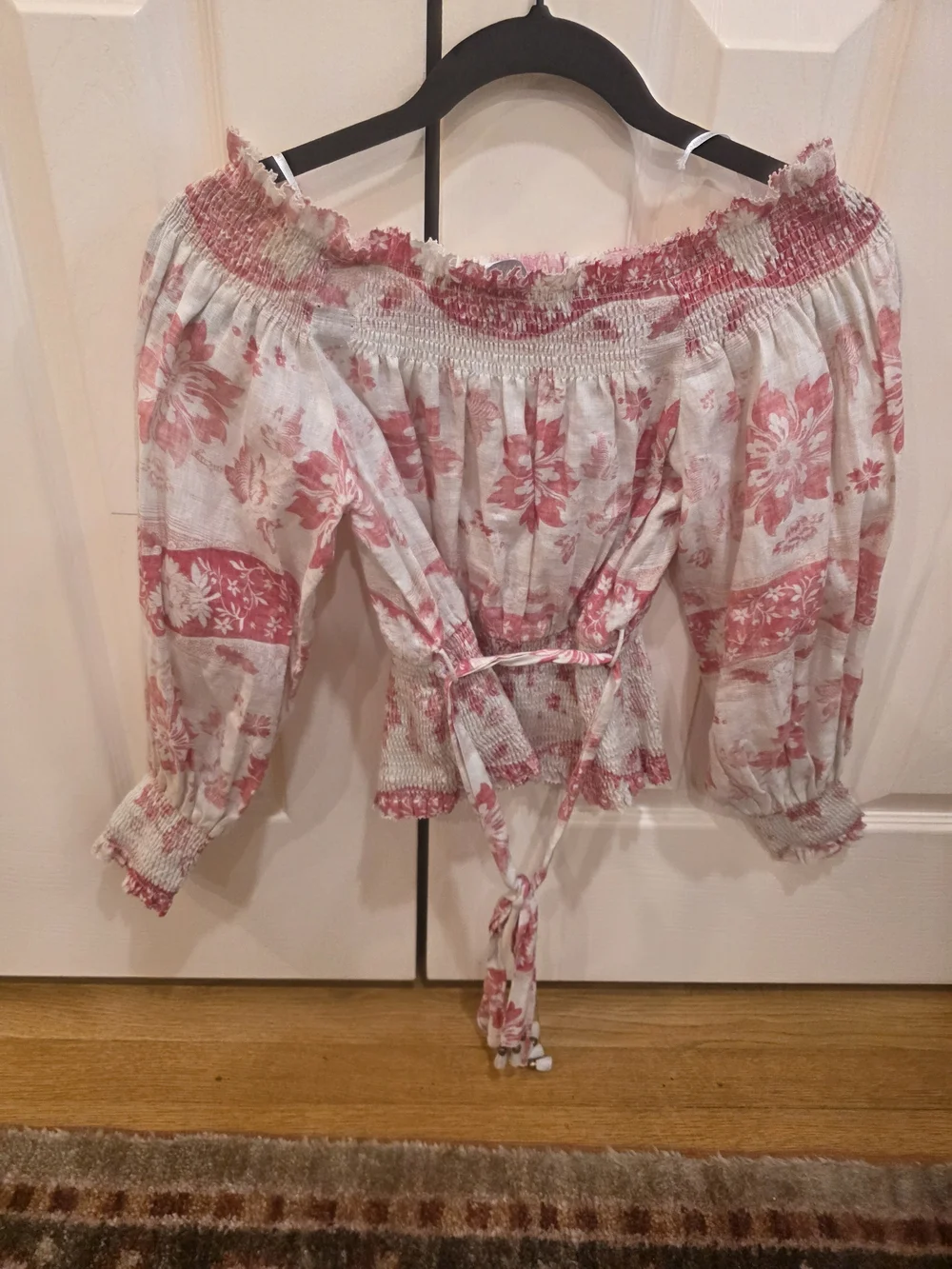 Zimmermann Pink and White Off-Shoulder Floral Smocked Top